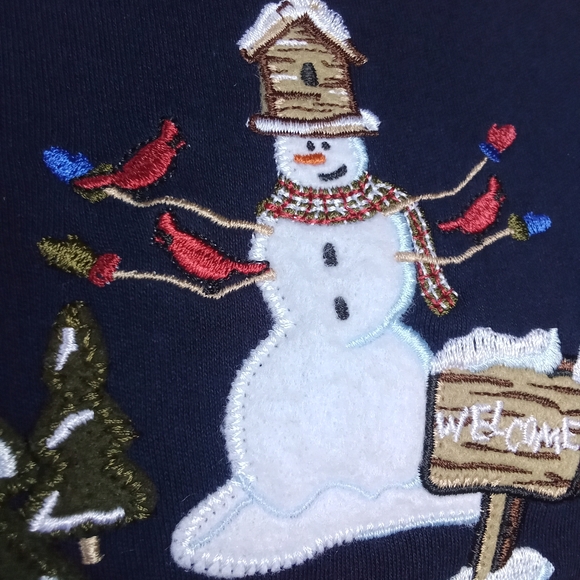 Women's Snowman Navy Blue 100% Cotton Christmas Mock Neck Long Sleeve Shirt - Picture 6 of 12